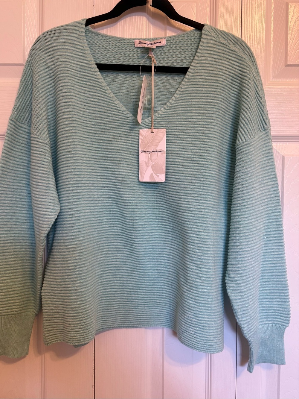 Tommy Bahama NWT Mint Sequin Ribbed V-Neck Sweater Large